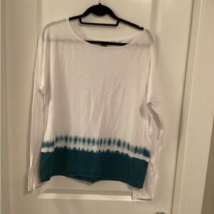 Vince White Crewneck Sweater with Teal Dip Dye Hem